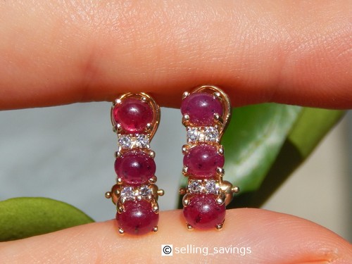 14K YELLOW GOLD EFFY 2.00tcw RUBY CABOCHON DIAMOND 7/10 INCH OMEGA BACK EARRINGS - Picture 10 of 11