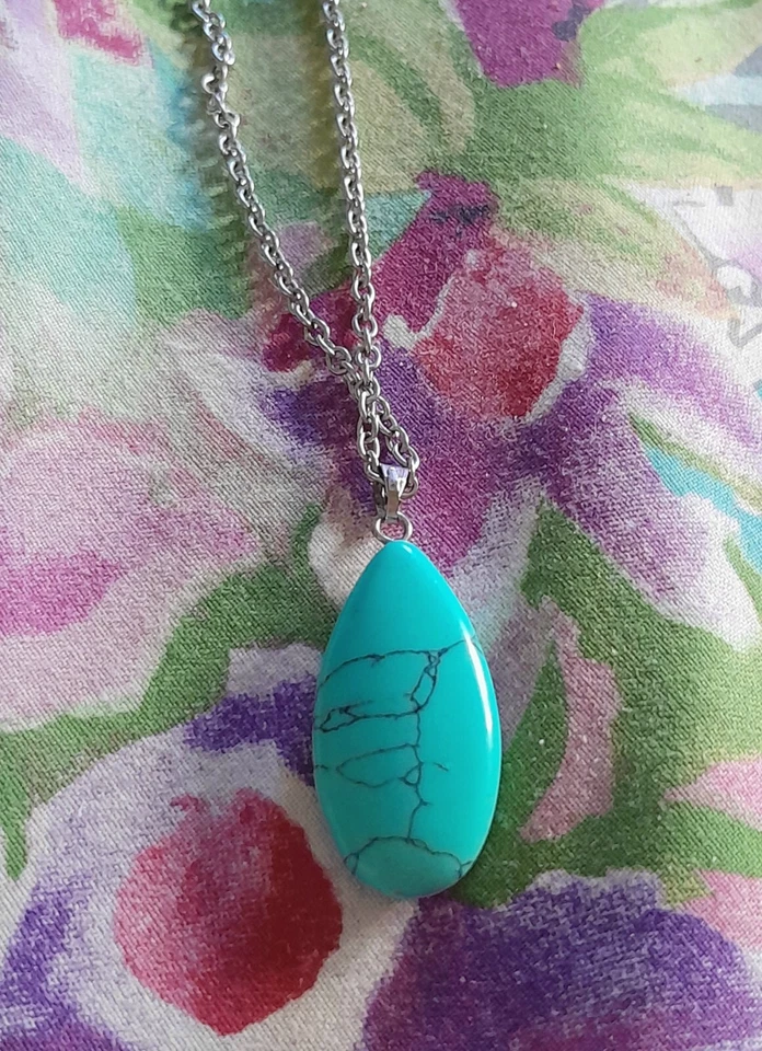 COLLANA DONNA UOMO CON PENDENTE CIONDOLO GOCCIA DI TURCHESE NATURALE E ARGENTO - Immagine 3 di 4