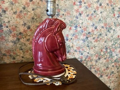 Vintage Burgundy Red Horse Head Chess Piece Lamp Works Ceramic Pottery