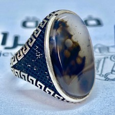 Agate silver ring 925 Sterling Silver men's ring natural Yemeni agate aqeeq     