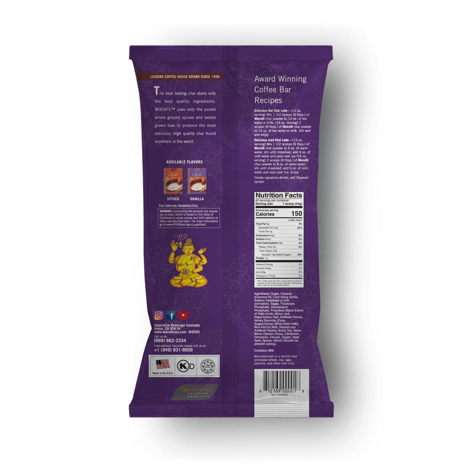 MOCAFE Spiced Chai Tea Latte Powder Mix, 3 Pound Bulk Bag