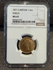 1871 Victoria Young Head Shield Sovereign. Graded MS63 by NGC