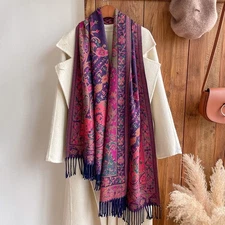 Artisan Paisley Wool Blend Shawl Scarf | Purple Pink Floral Fringe Wrap Stole