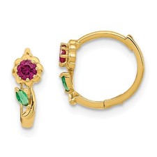 14k Yellow Gold Red Green CZ Hinged Hoop Earrings