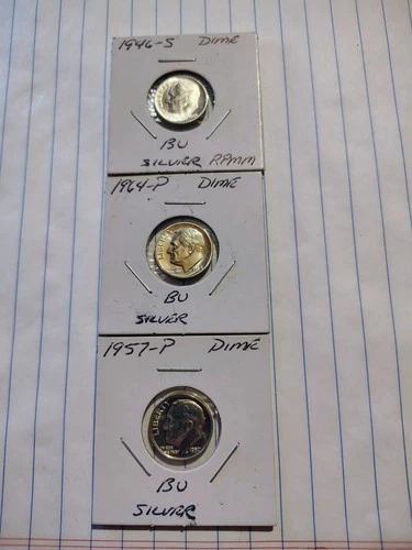 Three Silver Roosevelt Dimes 1946 57 64 All BU Condition