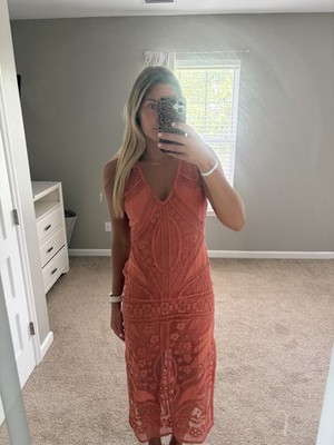 Cleobella Orange Lace Slip Dress V-Neck Sleeveless Strappy Midi Women s S