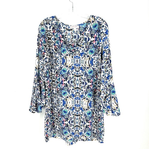 Eight Sixty Shift Dress Tunic Floral Long Bell Sleeve Lace Up Size S Boho Mod