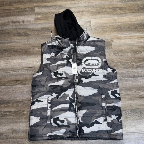 NWT Ecko Unltd. Black Gray Camouflage Hooded Puffer Vest Mens Large Rhino Logo - product listing photo