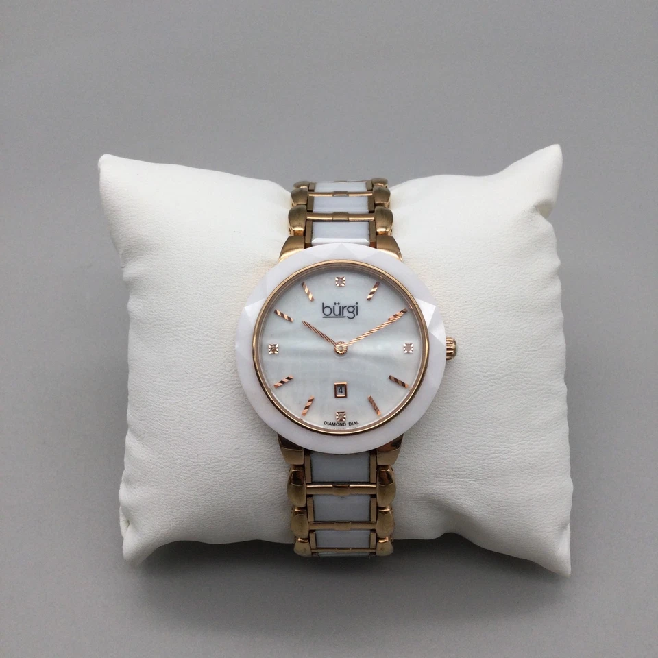 Burgi Watch Women Diamond Dial 35mm Rose Gold Tone Ceramic Band New Battery 7.5" - image 2 of 4
