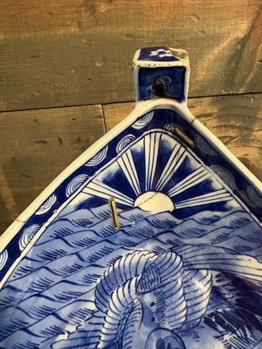 Antique Japanese Repaired Plate Warmer Boat Shape, Blue And White Ceramic Tray - Picture 3 of 24