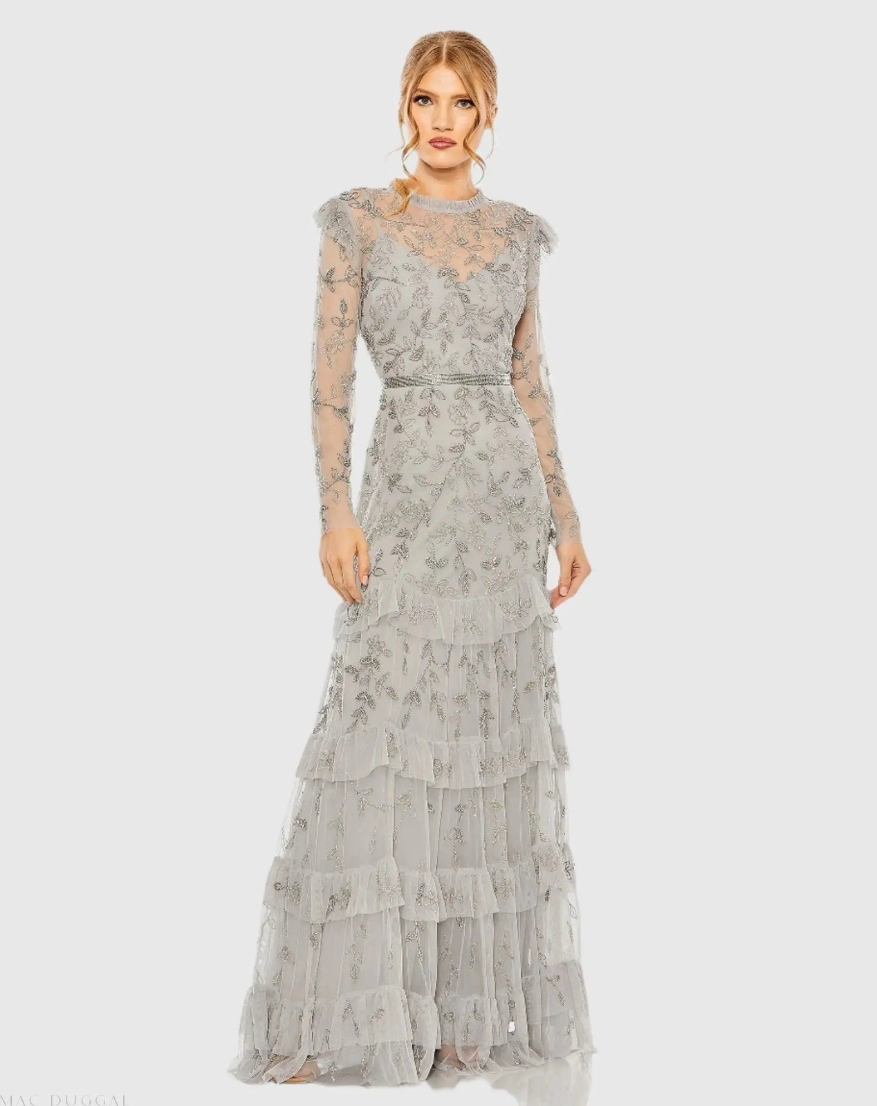 MAC DUGGAL 9237 FLORAL EMBELLISHED FLUTTER CAP LONG SLEEVE PLATINUM GOWN  sz 18