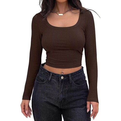 Alluring Womens Slim Fit Long Sleeve Square Neck Crop Top for Casual Wear - Picture 8 of 36