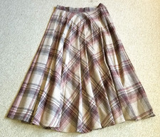 VINTAGE Womens Skirt-USA-UNION MADE-beige/pink plaid A-line pleated midi-11