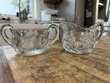 Vintage Brilliant Cut Crystal Creamer and Open Sugar set etched Flowers