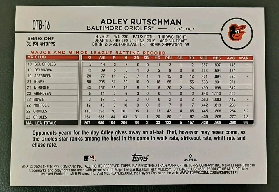 2024 Topps Series 1 - Oversized 2024 Topps Baseball Adley Rutschman #OTB-16 - Image 2 of 2