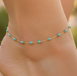 Minimalist Turquoise Beaded Anklet 18K Gold Tone Brass Chain Anklet for Women