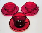 Vintage 3 Depression Glass Tea Cups with Saucers Ruby Red 1 Arcoroc France