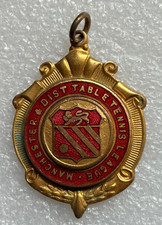 MANCHESTER & DIST TABLE TENIS LEAGUE MEDAL/FOB VINTAGE GILT & ENAMEL