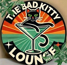 Insegna Latta Metallo Retro Bad Kitty Lounge 8x8 Vintage Nero Gatto Martini Wall Art MCM