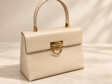 Salvatore Ferragamo BA-21 0290 Gancini Beige Leather Top Handle Bag Italy
