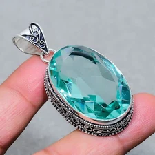 Faceted Swiss Blue Topaz Oval Shape Gemstone Gift Vintage Jewelry Pendant 2.20"