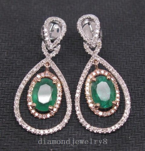 3.73CT SOLID 14Kt MULTI-TONE GOLD NATURAL DIAMOND GORGEOUS GREEN EMERALD EARRING