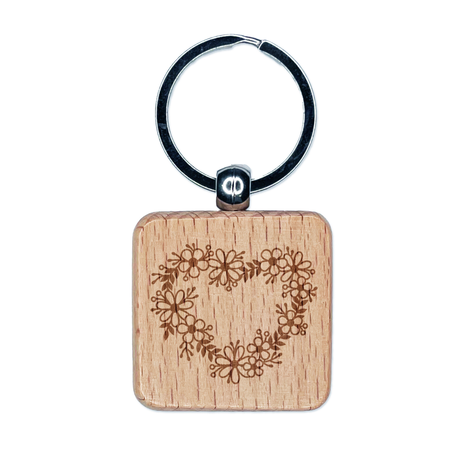 Engraved Wood Flower Heart Wreath Keychain Charm Tag