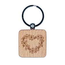 Flower Heart Wreath Engraved Wood Square Keychain Tag Charm