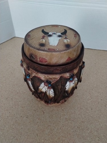 Native American Motif Round Box with a Brown Barrel-Shaped Drum & Feather Design