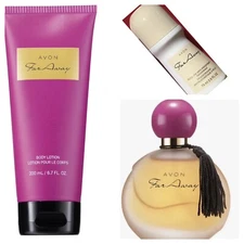 AVON 3 Pcs FARAWAY GIFT SETS PERFUME 1.7 FL, BODY LOTION 6.7 FL ROLL   ON 2.6 FL