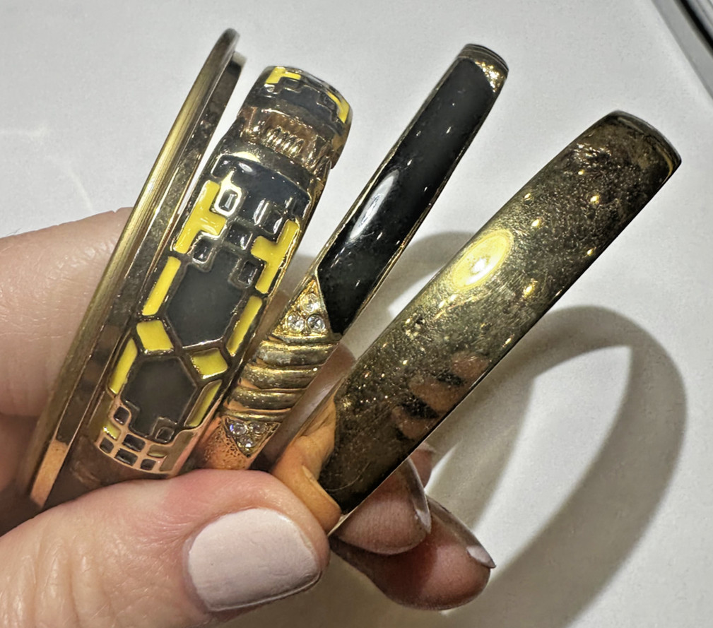 Chunky Stackable Gold tone Enamel Rhinestone Etch… - image 3