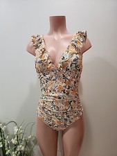 Nwt Cupshe Size S Ruffle Trim V-Neck Orange Floral Crisscross Back Swimsuit
