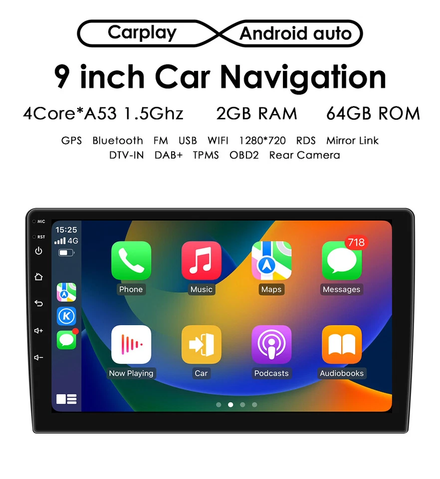 Double 2DIN 9'' Android 13 64GB Car Stereo Radio GPS Wifi Carplay Navigation USB - Image 3 of 4