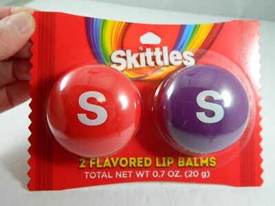 Skittles Flavored Lip Balms New Sealed 2 Pack Round Shape Red and Purple