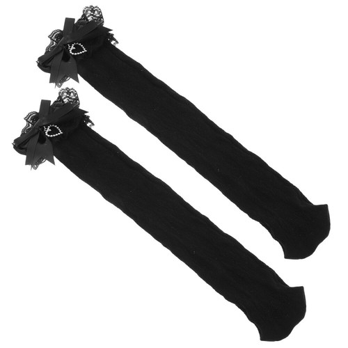Girls Black Lolita Socks: With Bow Tie Comfortable Cotton Calf Socks With Lace - Picture 9 of 12