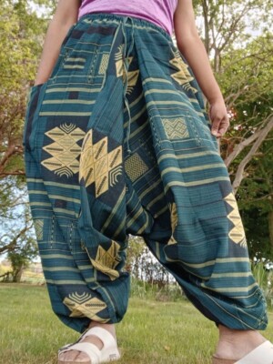 Grüne Baumwolle Hippie Haremshose Herren Damen weites Bein Baggy Genie Thai Hose