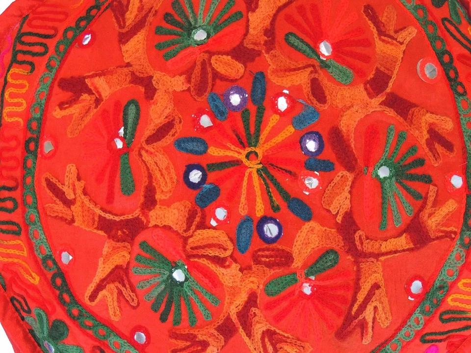 Red Round Pouf Footstool Cover Floral Embroidery Floor Ottoman Slipcover 16" - Image 3 of 3