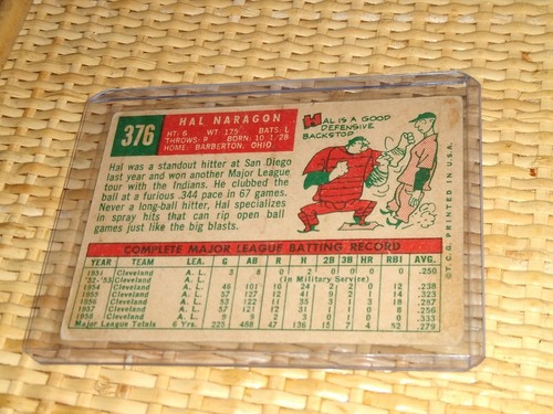 1959 Topps Hal Naragon #376 Indians Catcher Original Authentic Cleveland Indians - Bild 2 von 2