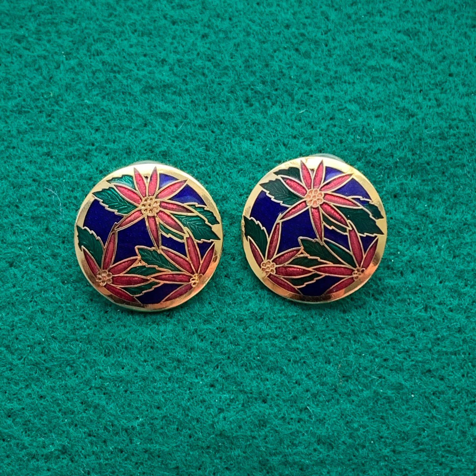 Vintage Cloisonne gold tone blue red green enamel floral post pierced earrings