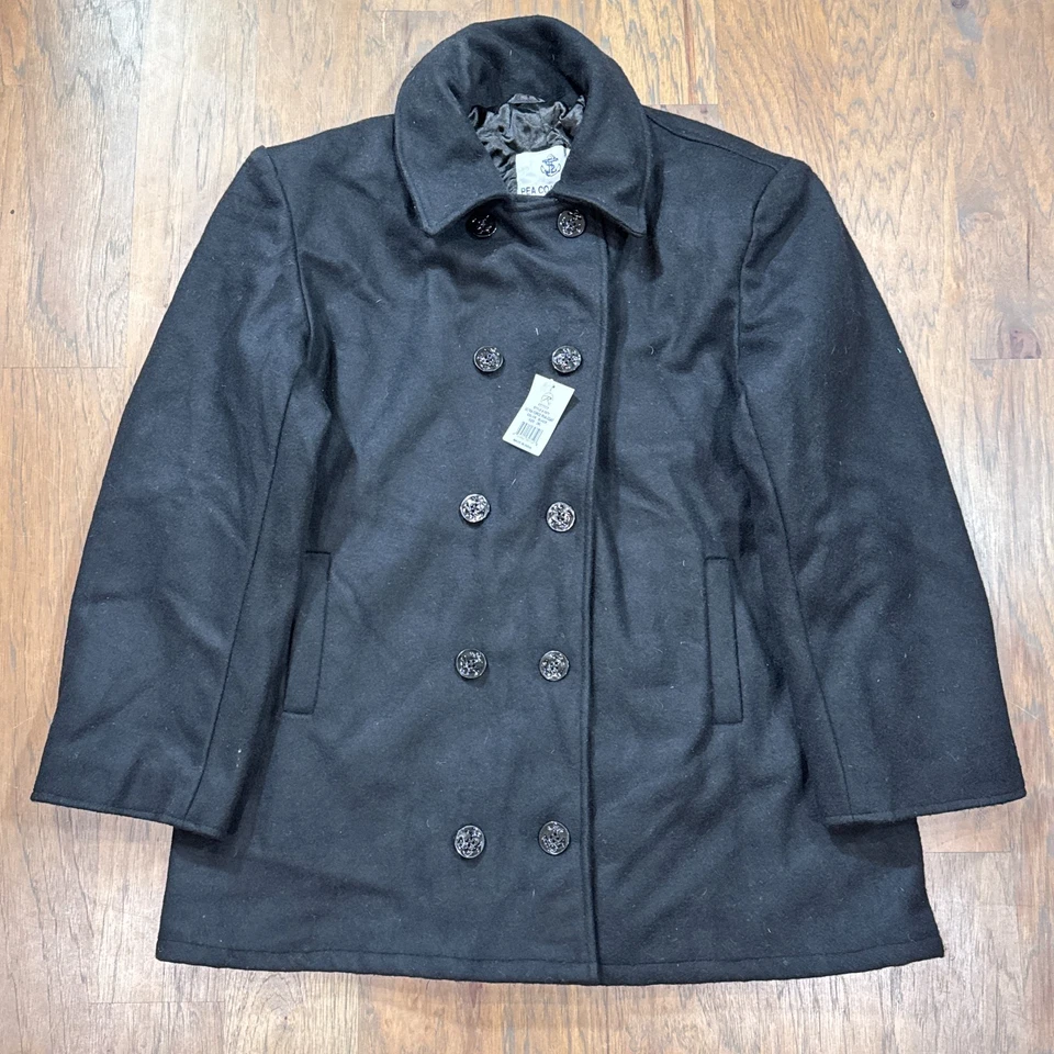 美国军用夹克男式 XXL 黑色羊毛豌豆外套 Rothco 海军纽扣剩余 — 第 2/4 张图片