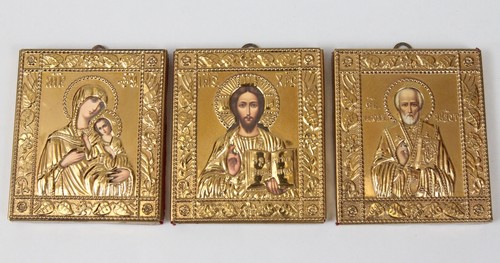 (3) Vintage Russisch Orthodox Geprägte Gold Metall Ikone Jesus Madonna Nikolaus