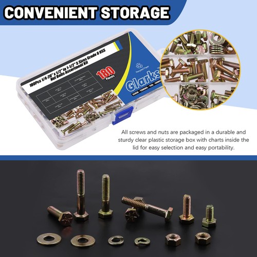 180 Teile 1/4"-20 8 Grobgewinde Sechskantschrauben Muttern Schrauben Scheiben Sortiment Set, ... - Bild 6 von 7