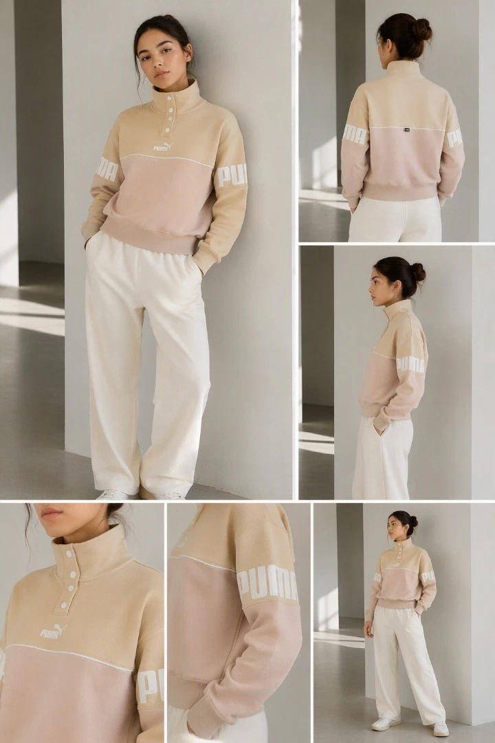 PUMA Women's Power Colourblock Crew Neck Sweatshirt Light Sand Size S BNWT