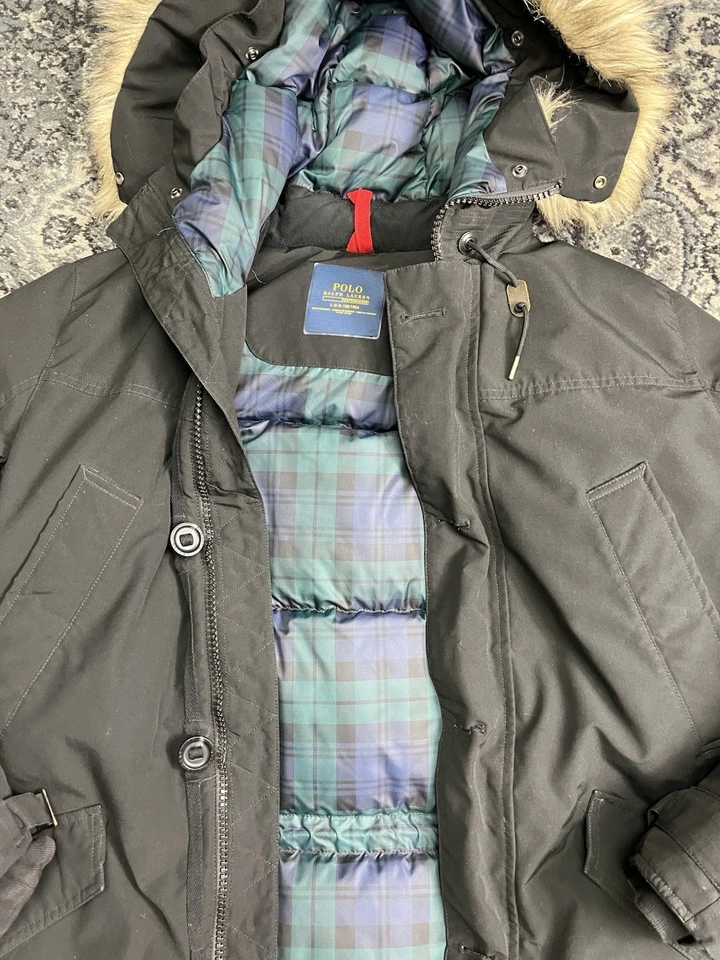 $598 Polo Ralph Lauren Hombres Grande Plumón Parka Borde de Piel Capucha Abrigo Alto Chaqueta NEGRO Foto 2 de 4