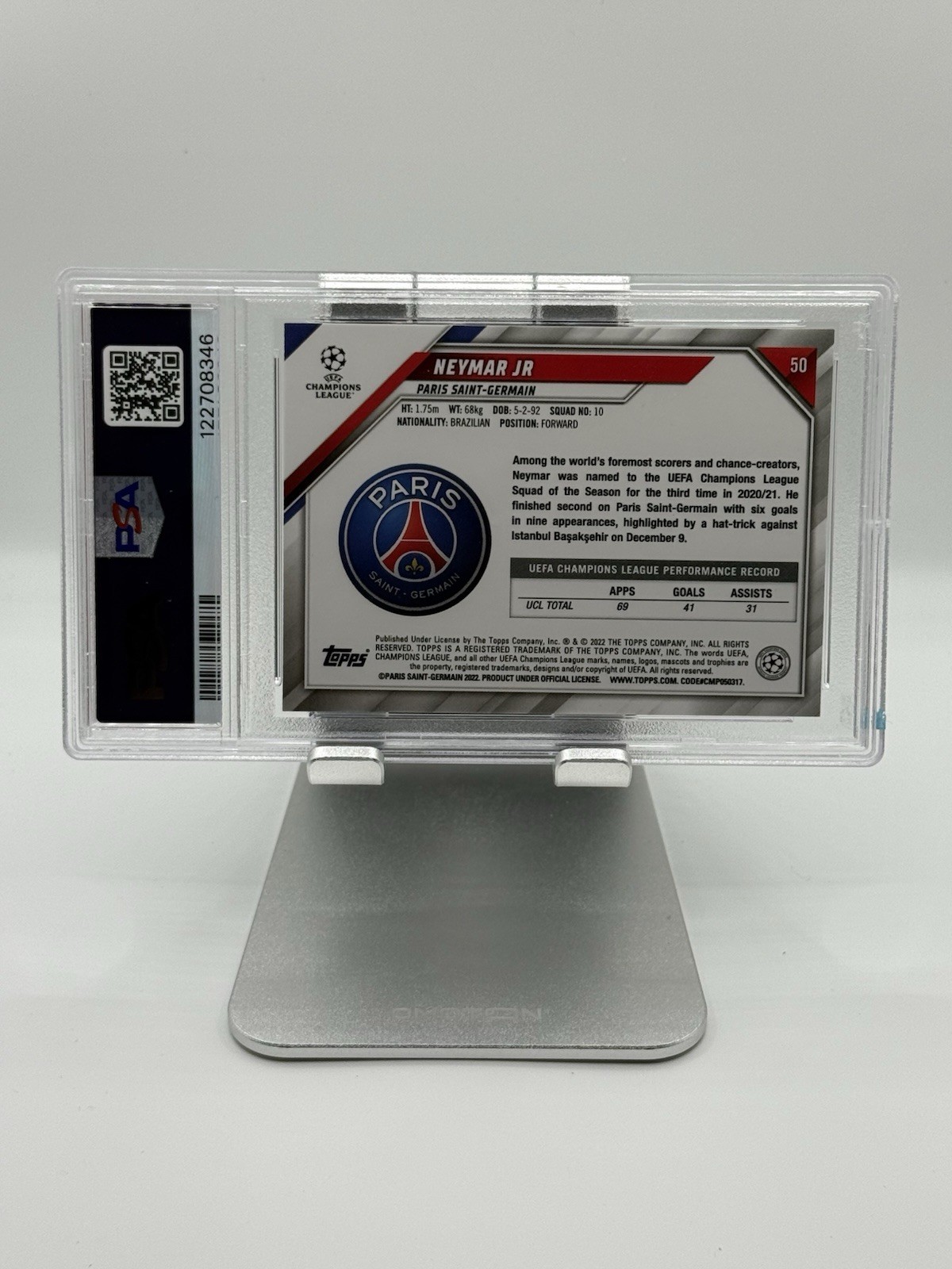 2021-22 Topps Chrome Sapphire UCL Neymar Jr Paris Saint-Germain #50 PSA 7 view 2