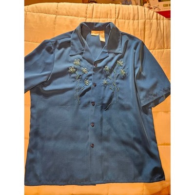 Koret Teal Blue Embroidered Short-Sleeve Button Front Blouse