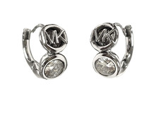 NEW MICHAEL KORS SILVER TONE MK LOGO SIGNATURE CZ CRYSTAL HUGGIE HOOP EARRINGS