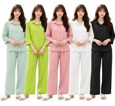 Ladies Cotton Linen Lounge Set Long Sleeve Button Top Pants Nightwear Sleepwear