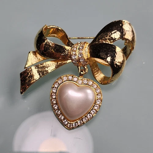 Vintage Brooch Pin Gold Tone Faux Pearl Rhinestone Bow Heart Costume Jewelry