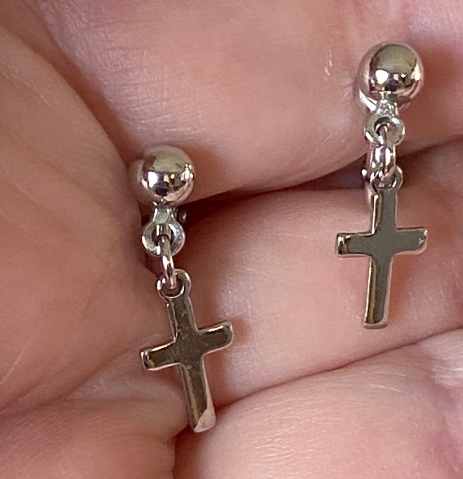 Delicate Tiny Silver Tone Dangling Cross Crucifix… - image 1